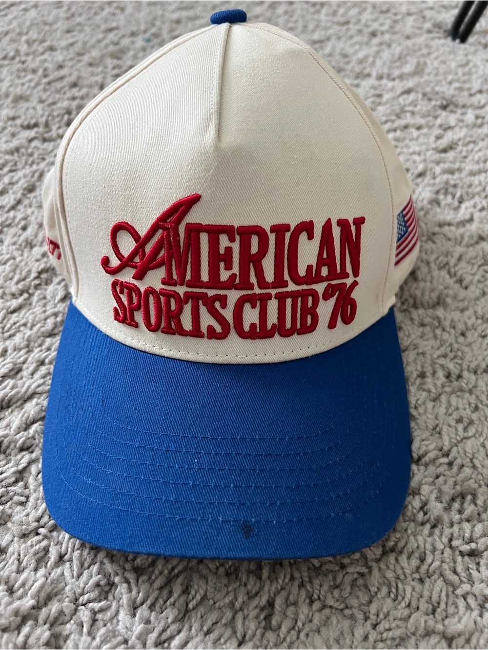 American Sports Club '76 Trucker Hat - Cream & Blue with Red Embroidery